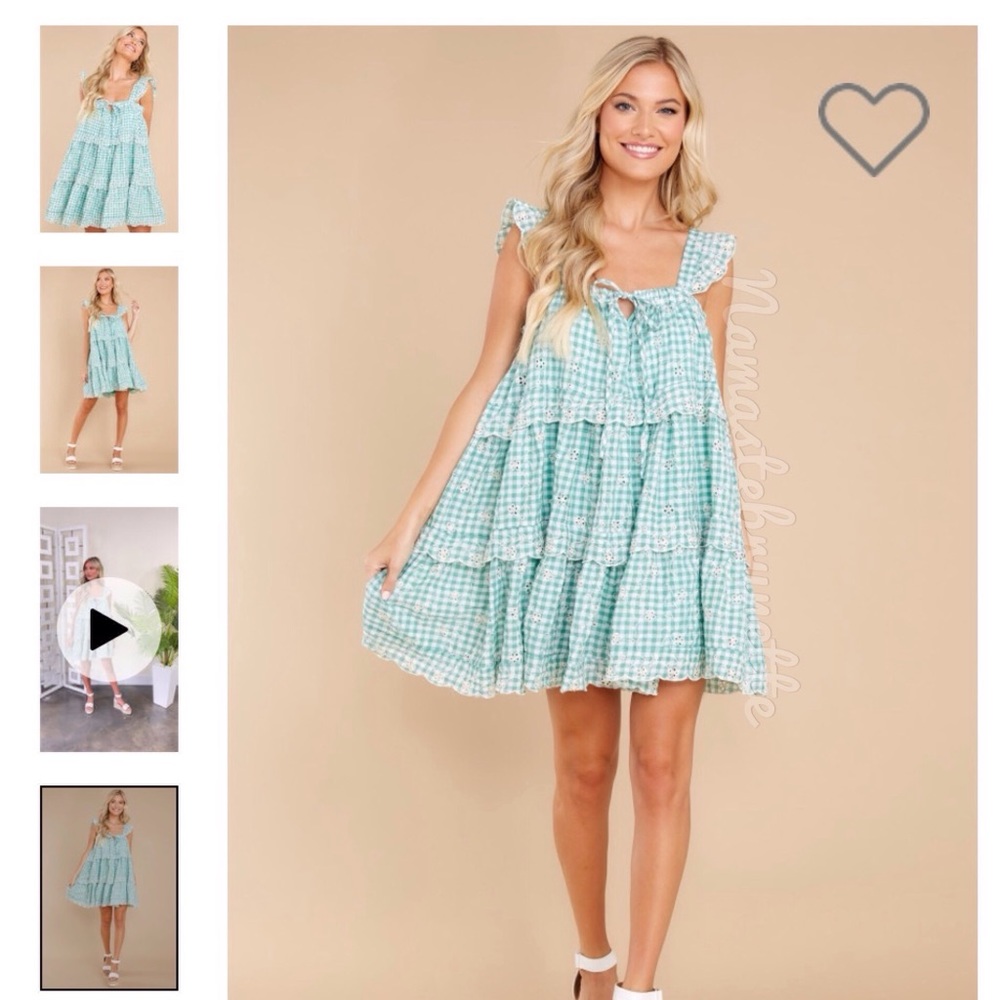 **SOLD***🌻NWOT🌻 Just Me Medium Flowy Green Gingham Embroidered Babydoll Mini - Picture 8 of 17